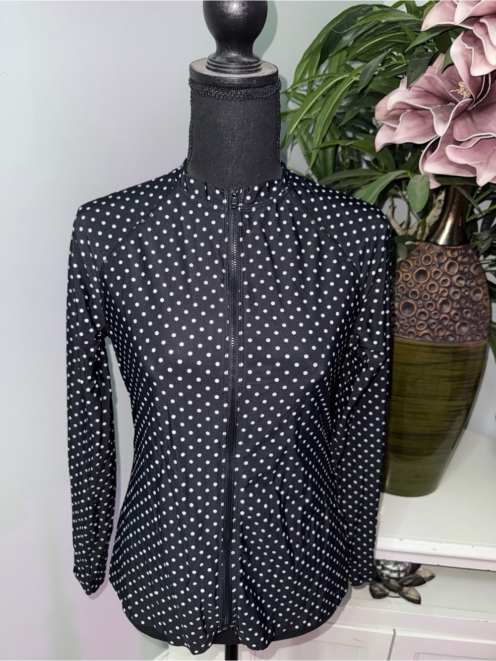Merona Black Polka Dot Long-Sleeve Zip Front Dress
